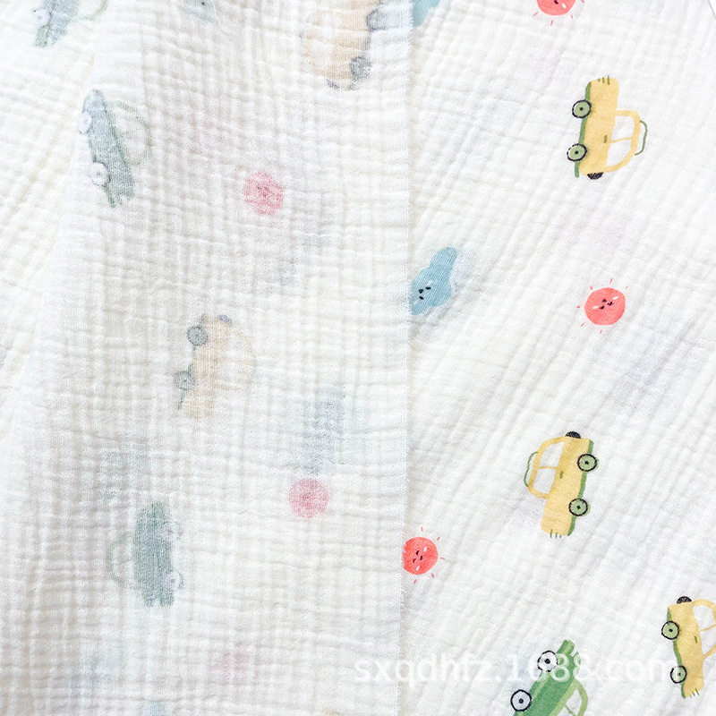 Cotton Double-Layer Crepe Printed Fabric Spring, Summer and Autumn Cartoon Car Printed Cotton Pajamas Home Clothes Mother and Baby