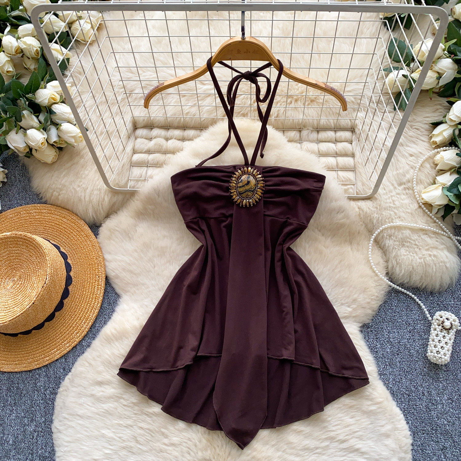 Summer Womens Bodycon Dress Halter Neck Slim Fit A Line Silhouette Waist Cinching Perfect for Parties and Events