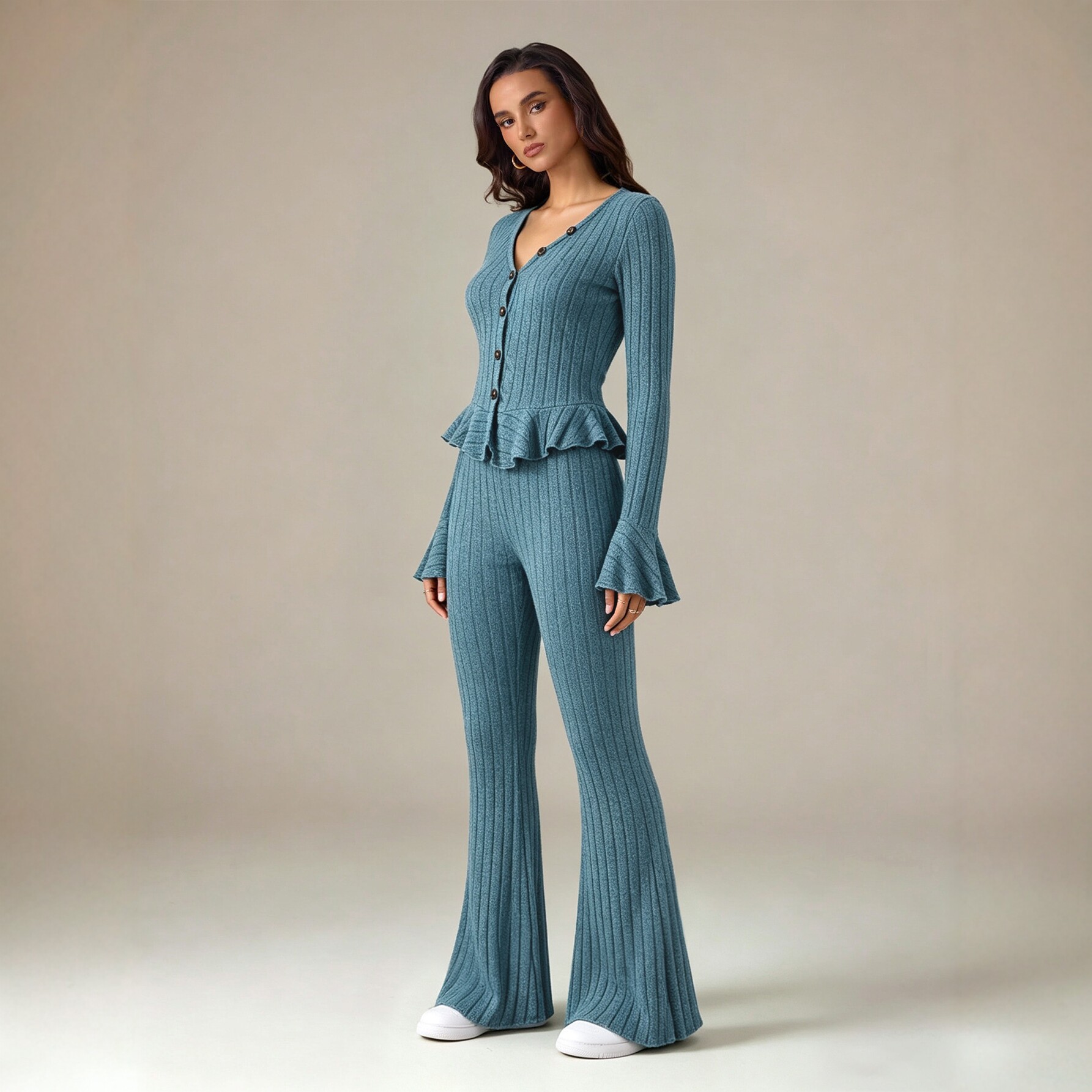 Knitted Two Piece Set Flared Sleeve Top with Ruffle Hem Fitted Waist and Slightly Flared Pants Perfect for Casual or