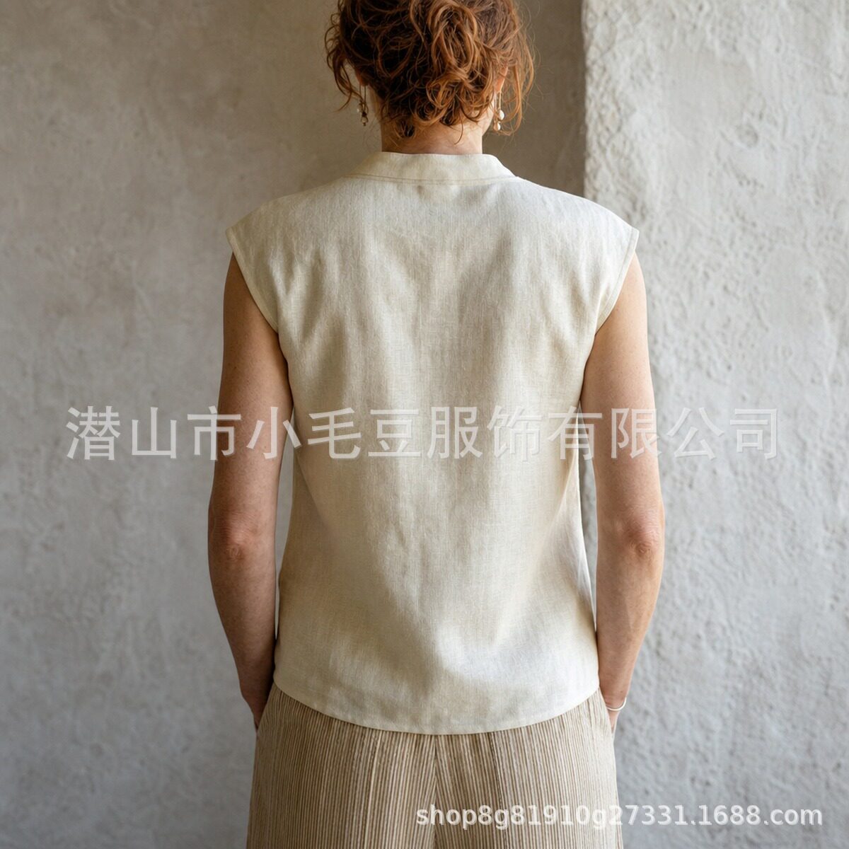 Womens Summer Sleeveless T Shirt Light Beige Linen Pleated Loose Fit Small Stand Collar Casual Style Wholesale