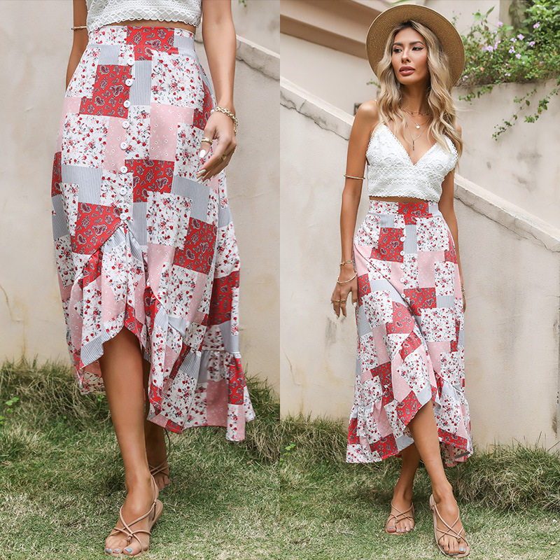 Floral Print Maxi Skirt Loose Fit Asymmetrical Design Comfortable Fabric Casual Wear Summer Style Wholesale