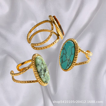 European and American Oval Blue Turquoise Tiger Eye Stone African Pine Adjustable Open Ring Women's Niche Accessible Luxury Model Ai