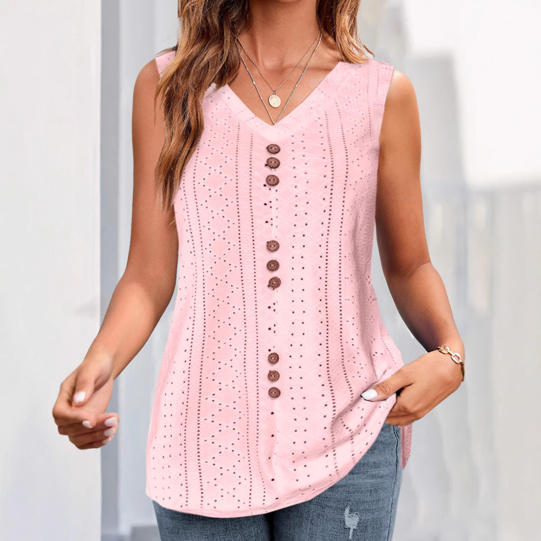 Womens Summer V Neck T Shirt Solid Color Hollow Out Design Lightweight Fabric Casual Wear Wholesale Available