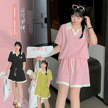 Summer Casual Sports Style Suit 100kg Fat Sister Loose Slimming Look Top and Shorts Two-Piece Set 240342
