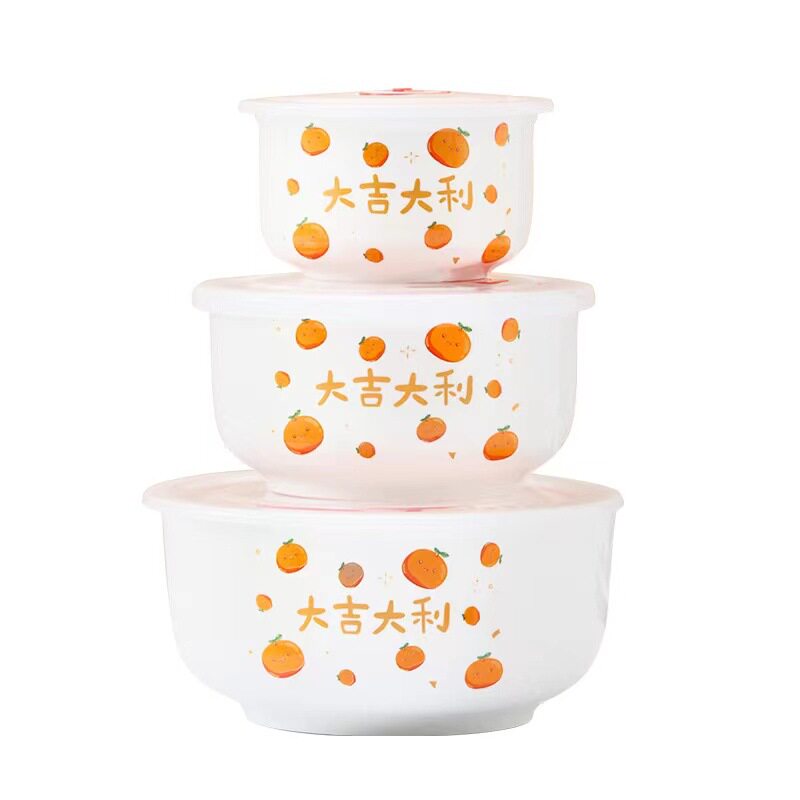 Ceramic Fresh-keeping Bowl Three-piece Set Sealed Lunch Box Creative Gift Set Bowl Opening Activities Promotional Return with Printed LOGO
