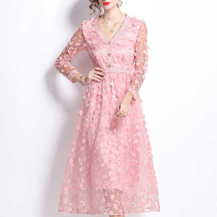 French Court Style V Neck Dress High End Embroidery Tulle Fabric Elegant Design Spring Autumn Evening Wear