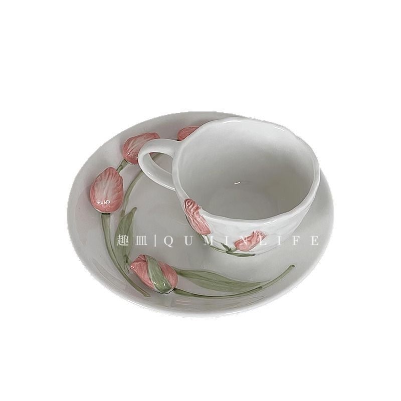 Ins Style Girl's Heart Cute Anaglyph Ceramic suit Tulip Flower Plate Anaglyph Stereo Water Cup Simple Meal