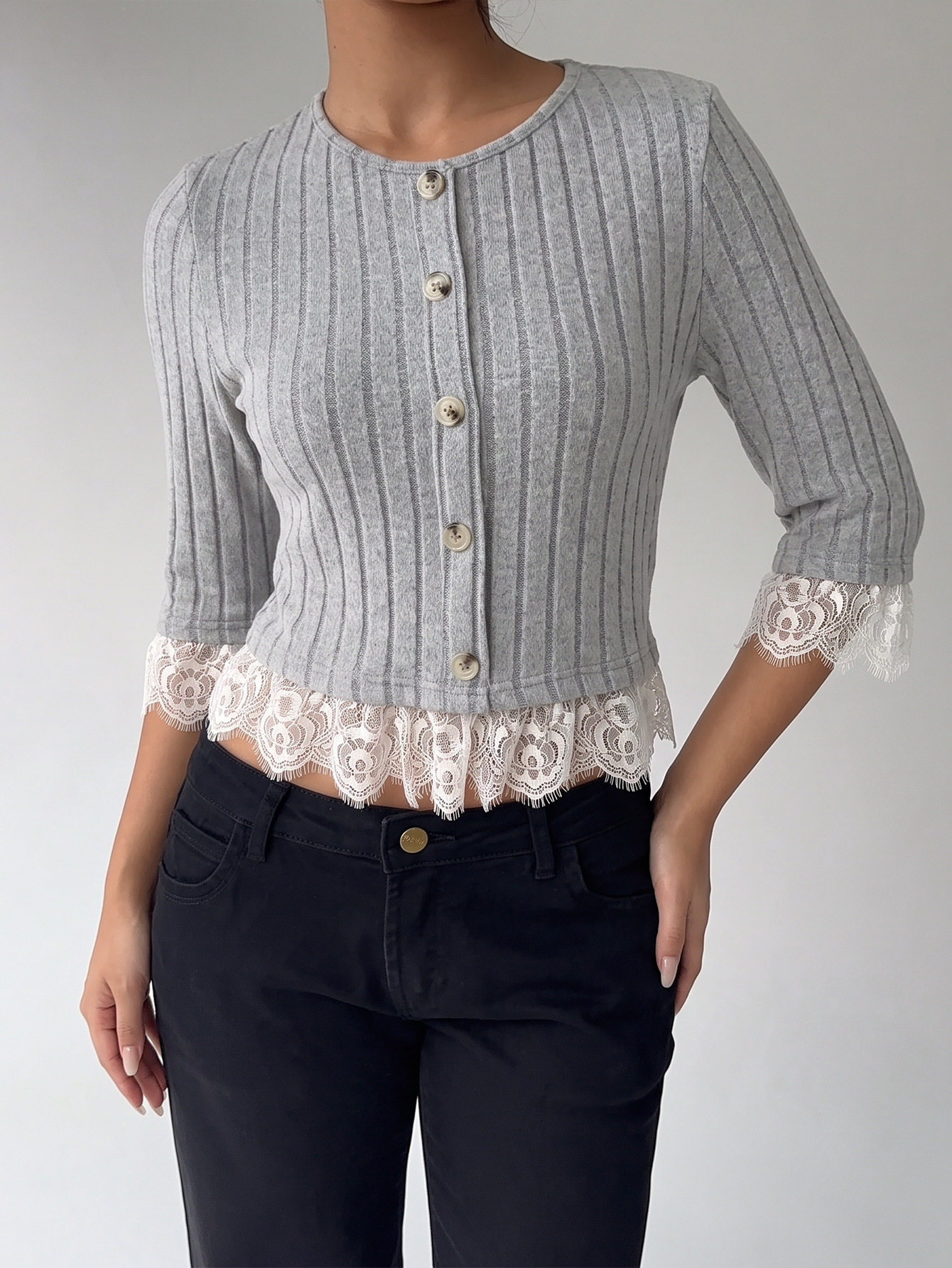 Gray Knit Top for Women Lace Panel Slim Fit Versatile Style Perfect for Casual Wear or Layering Wholesale Available