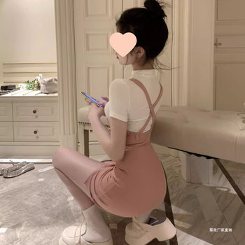 Short-Sleeved Shirt, Feminine Hollow Tight-Fitting Breast-Revealing Short Pure Lust Top Suspender Skirt College Style Two-Piece Suit