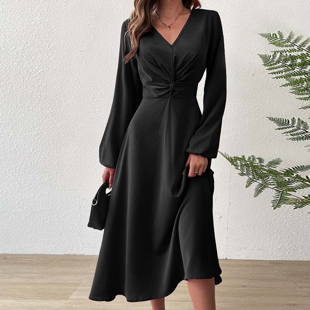 French Style V Neck Midi Dress Elegant A Line Silhouette High Waist Autumn Winter Fashion Wholesale Available