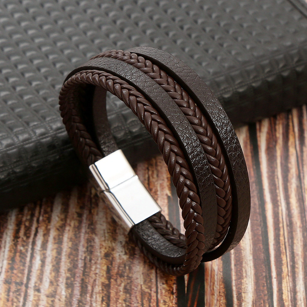 Cross-Border Leather Hand-Woven Bracelet Men's Magnet Buckle Stainless Steel Bracelet Jewelry Women Yiwu Manufacturer Wholesale Simple