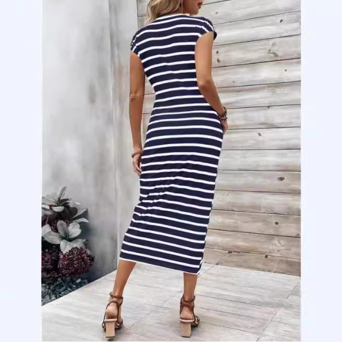 Elegant Striped Maxi Dress Waist Tie Short Sleeve Round Neck Summer Fashion for Women Wholesale Available
