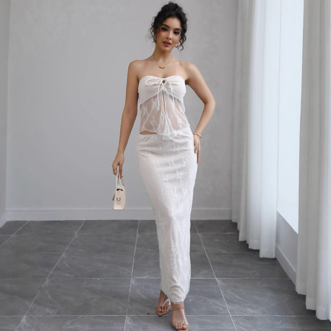 Lace Bustier and Midi Skirt Set High End Slim Fit Vacation Style Perfect for Summer Getaways Wholesale Available
