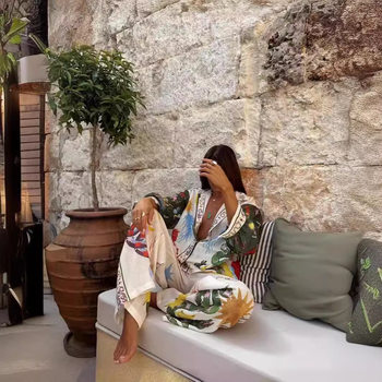 Europe and the United States cross-border 2025 new independent station AliExpress fashion personality printed Macaron linen long sleeve shirt suit