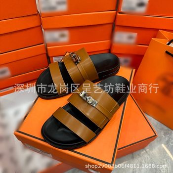 Cross-border plus size Slippers Women's Summer Wear Casual Flat Sandals for Lovers One-word Slippers H Family Metal Buckle Second-uncle Slippers