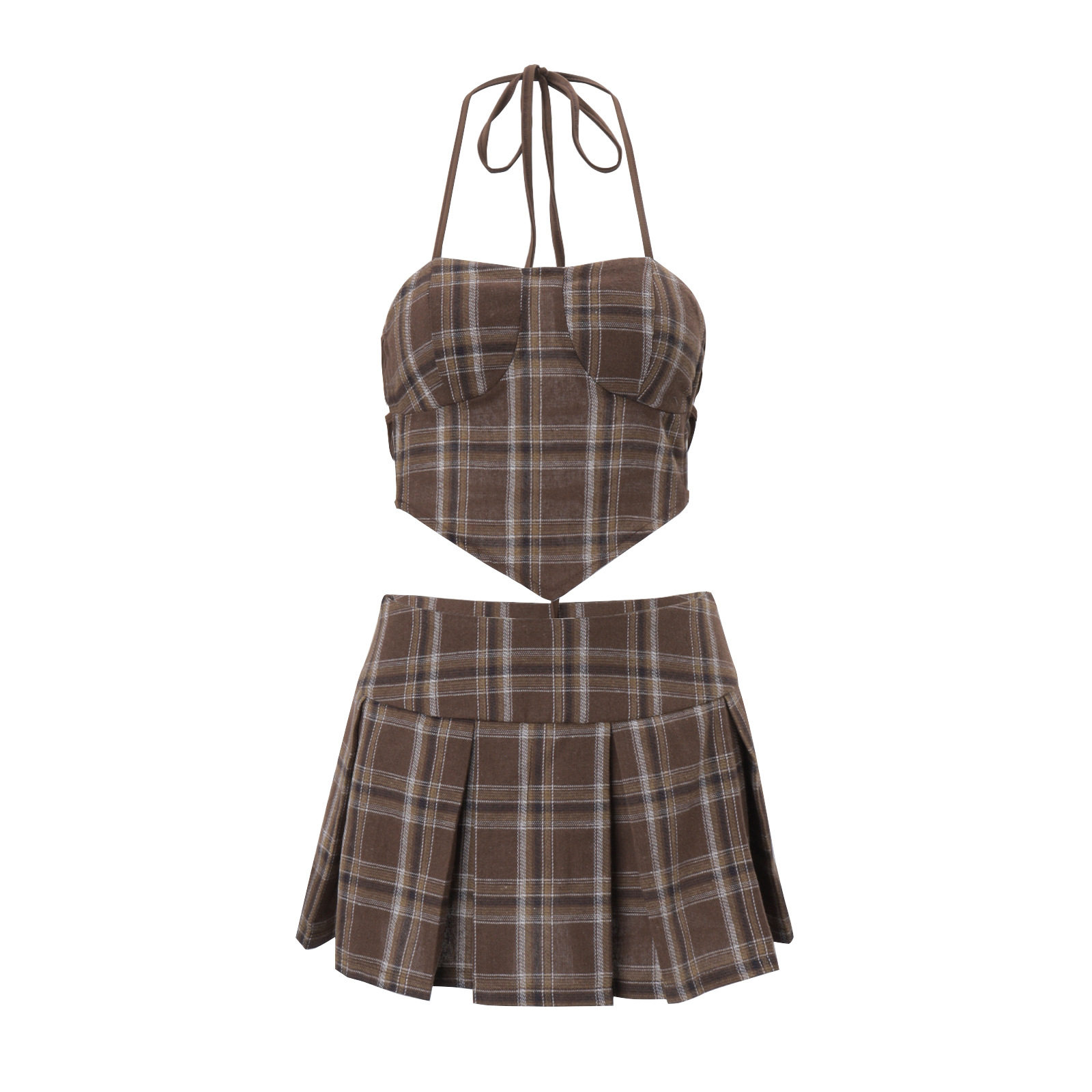 Vintage Striped Plaid Halter Top and Low Waist Pleated Skirt Set Spring Collection Womens Fashion Wholesale Available