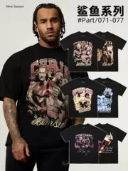 Shark Chris American Large Size Heavyweight Fitness Iron Print T-Shirt Gym Pure Cotton Small Round Neck Short Sleeves 71-77