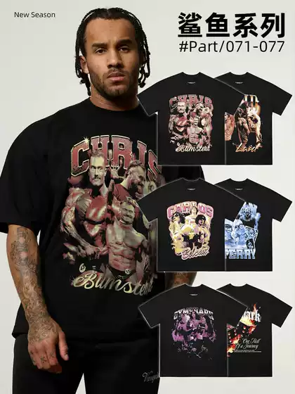 Shark Chris American Large Size Heavyweight Fitness Iron Print T-Shirt Gym Pure Cotton Small Round Neck Short Sleeves 71-77