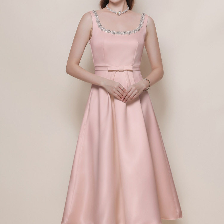 Elegant French Style Beaded Square Neck Sleeveless Dress High End Fit and Flare Waist Defining Slimming Perfect for