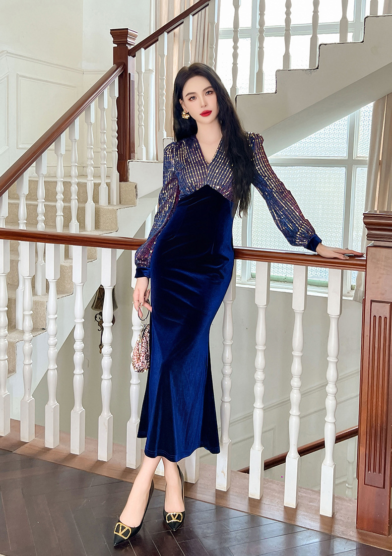 Đầm dài nhung phối sequin cổ chữ V dáng đuôi cá nữ — Xanh đá quý, Màu đen, Đỏ gỉ sắt