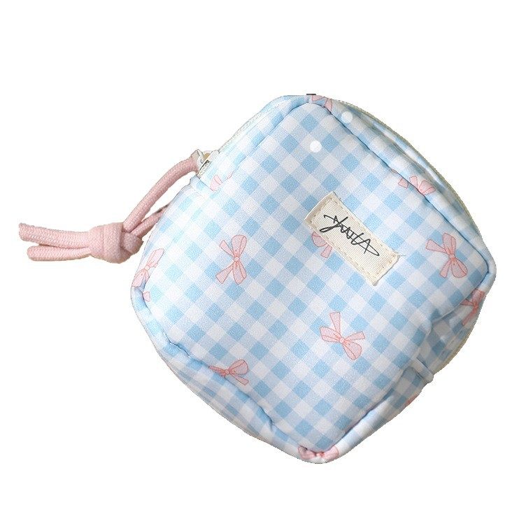 Girly Heart Square Cosmetic Storage Bag Korean Style Small Plaid Sanitary Napkin Bag Student Small Headphone Data Cable Bag