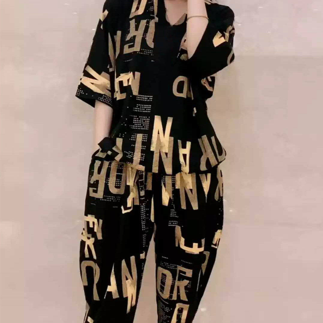 Large size women's clothing suit for plump girls 2021 summer new western style loose casual fashion harem pencil pants two-piece suit