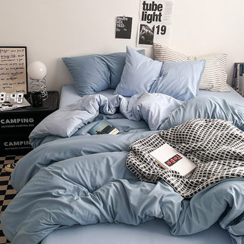 Ins Solid Color Double Wash Cotton Bed Four-piece Set Class A Super Soft Bed Sheet Quilt Cover Bed Cover Student Dormitory Three-piece Set