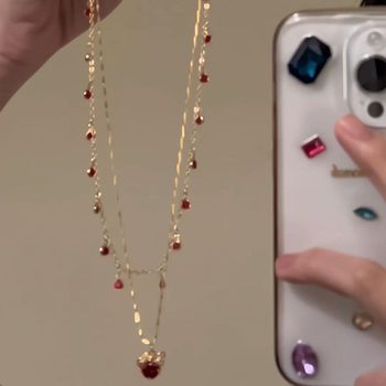 Light Luxury High-end Red Double-layer Flash Diamond Necklace Women's Instagram Style Luxury Pendant French Retro Clavicle Chain