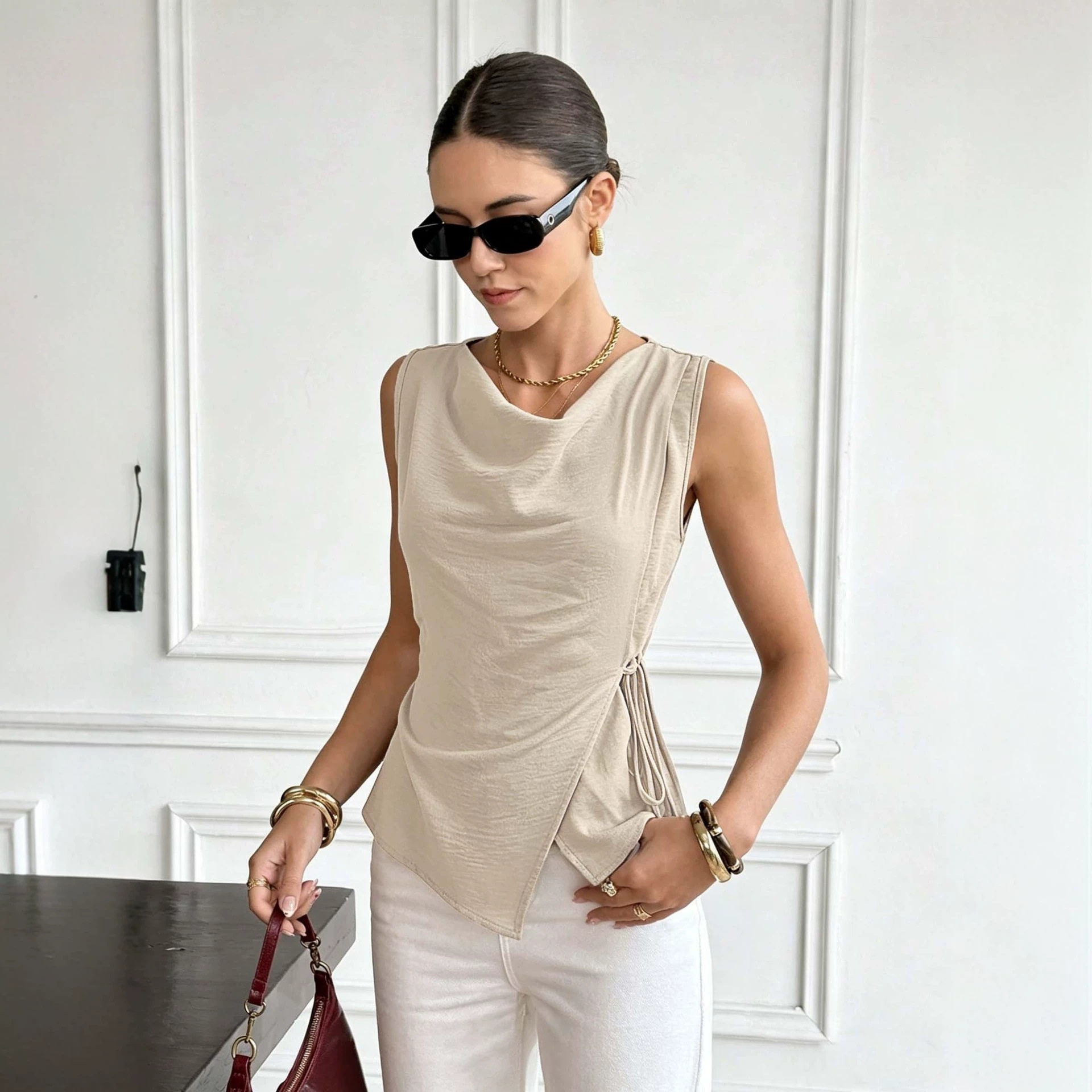 Sleeveless French Style Top Adjustable Drawstring Waist Irregular Hem Elegant Design Perfect for Office and Casual