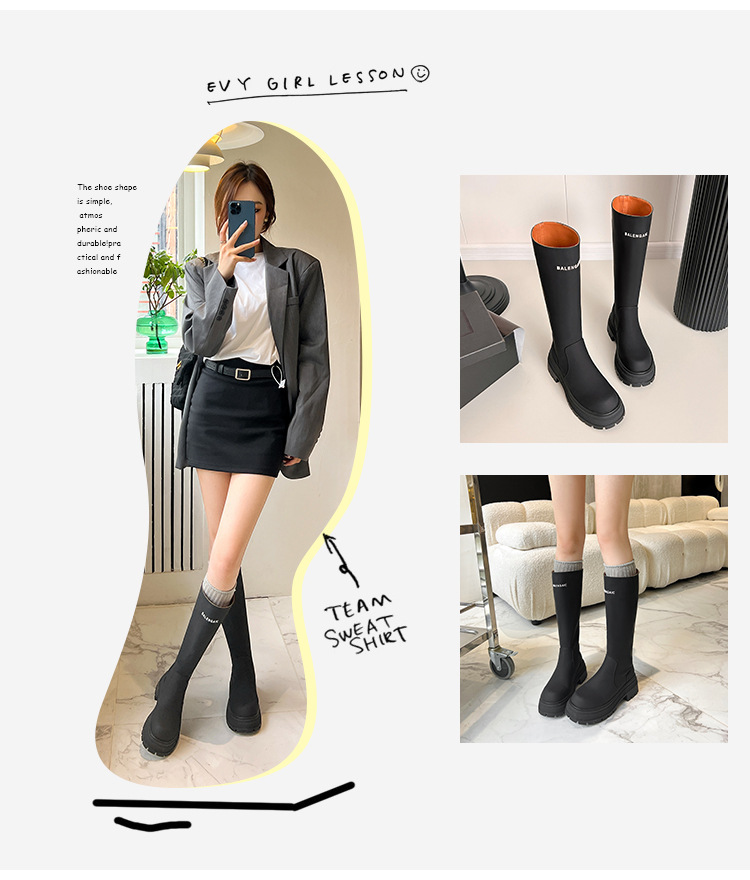 Boot nữ cổ cao ôm bắp chân da bò gót thô 6cm — Kaki nhạt lót nhung, Kaki nhạt lót nhung ống lớn, Kaki nhạt một lớp lót trong, Màu đen lót một lớp