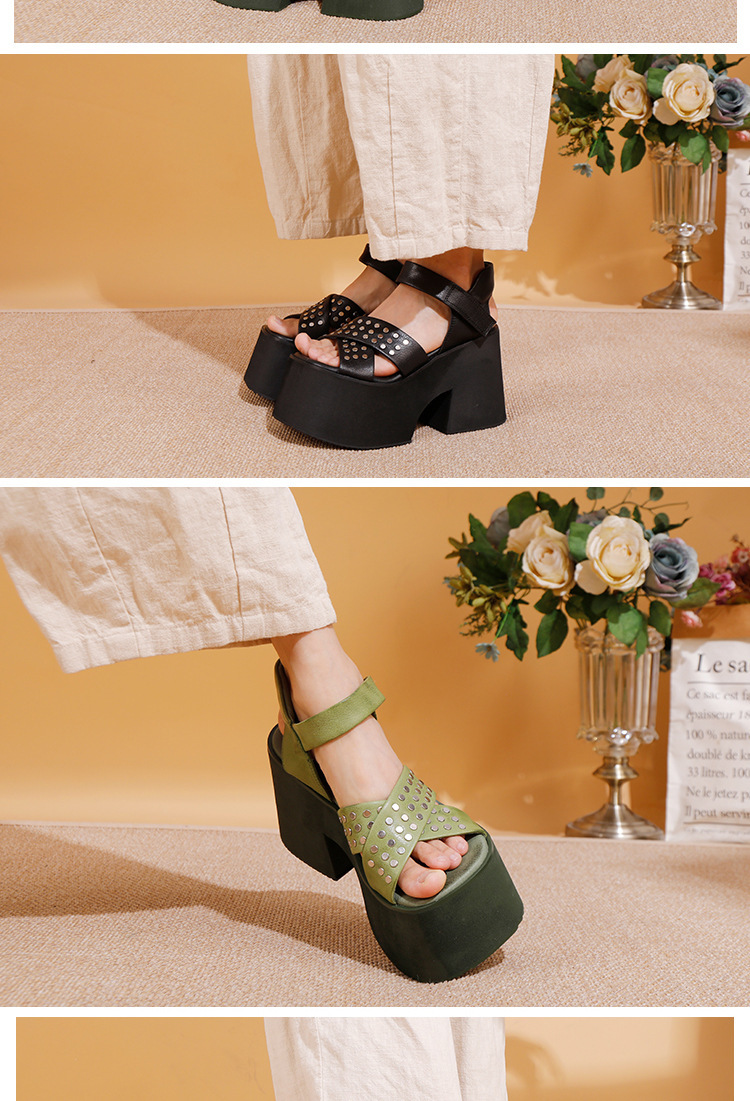 Sandal nữ da bò thật gót siêu cao đế dày kiểu La Mã đính đinh tán — Màu đen, Màu xanh lá