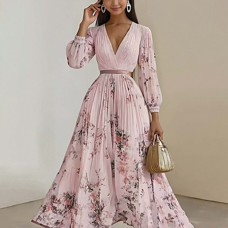 Womens Summer Dress Elegant V Neck Floral Print Waist Defined Perfect for Casual Outings or Parties Wholesale
