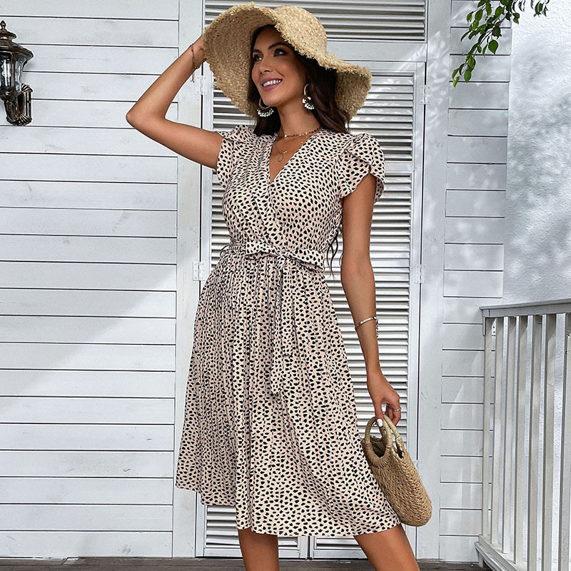 Plus Size Leopard Print V Neck Beach Dress Summer Vacation Style Comfortable and Stylish Wholesale Available