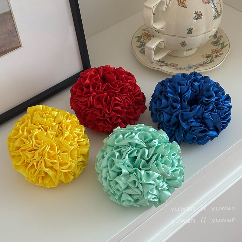 Mona's Same Style Head Flower Hydrangea Red Hair Tie Elegant Satin Intestine Ring Pleated Lace Hair Accessories Bun Headdress