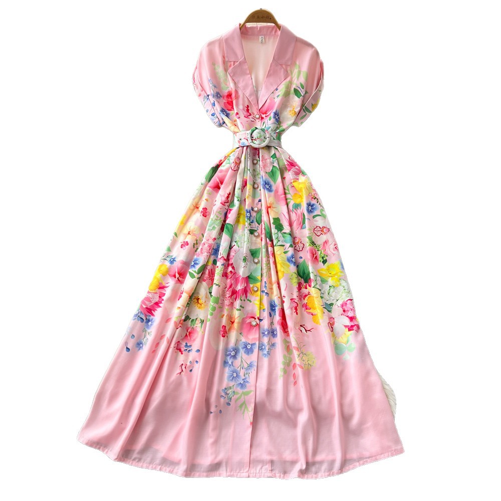 Summer Floral Print Maxi Dress for Women V Neck Sleeveless Tie Waist High Waist A Line Casual Office Wear
