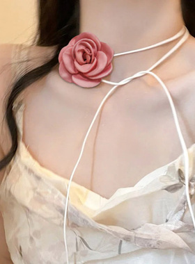 黑白色花朵颈链玫瑰花choker颈花颈带项链女脖子项圈山茶花锁骨链