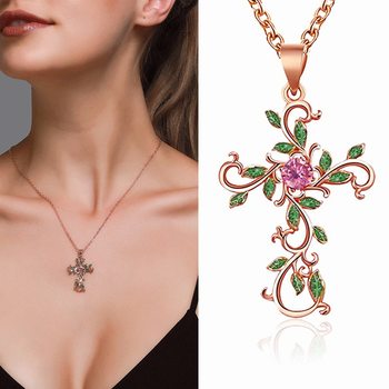 Cross-border New Personalized Flower Cross Necklace Elegant Diamond Leaves Clavicle Chain Necklace Women's Accessories for Hair