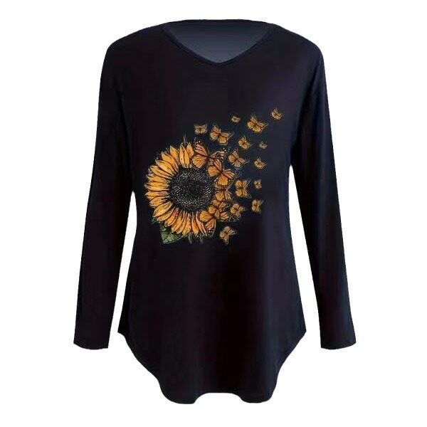 Womens Long Sleeve T Shirt V Neck Loose Fit Sunflower Print Summer Casual Wear Wholesale Available