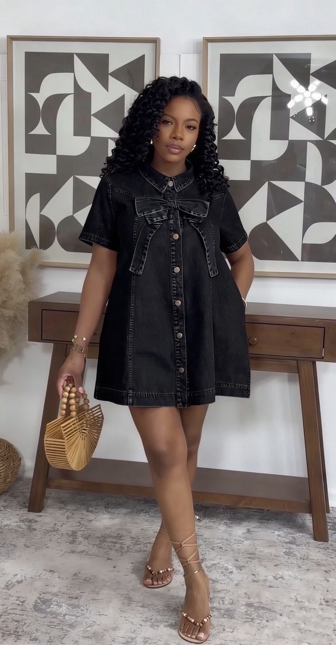 Elegant A Line Mini Denim Dress with Bow Detail Loose Fit Sweet Style Perfect for Casual Outings Wholesale Available