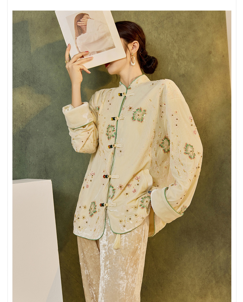 Áo khoác dạ nữ thêu cườm cổ đứng dáng suông — mơ, Mơ [phiên bản cotton]
