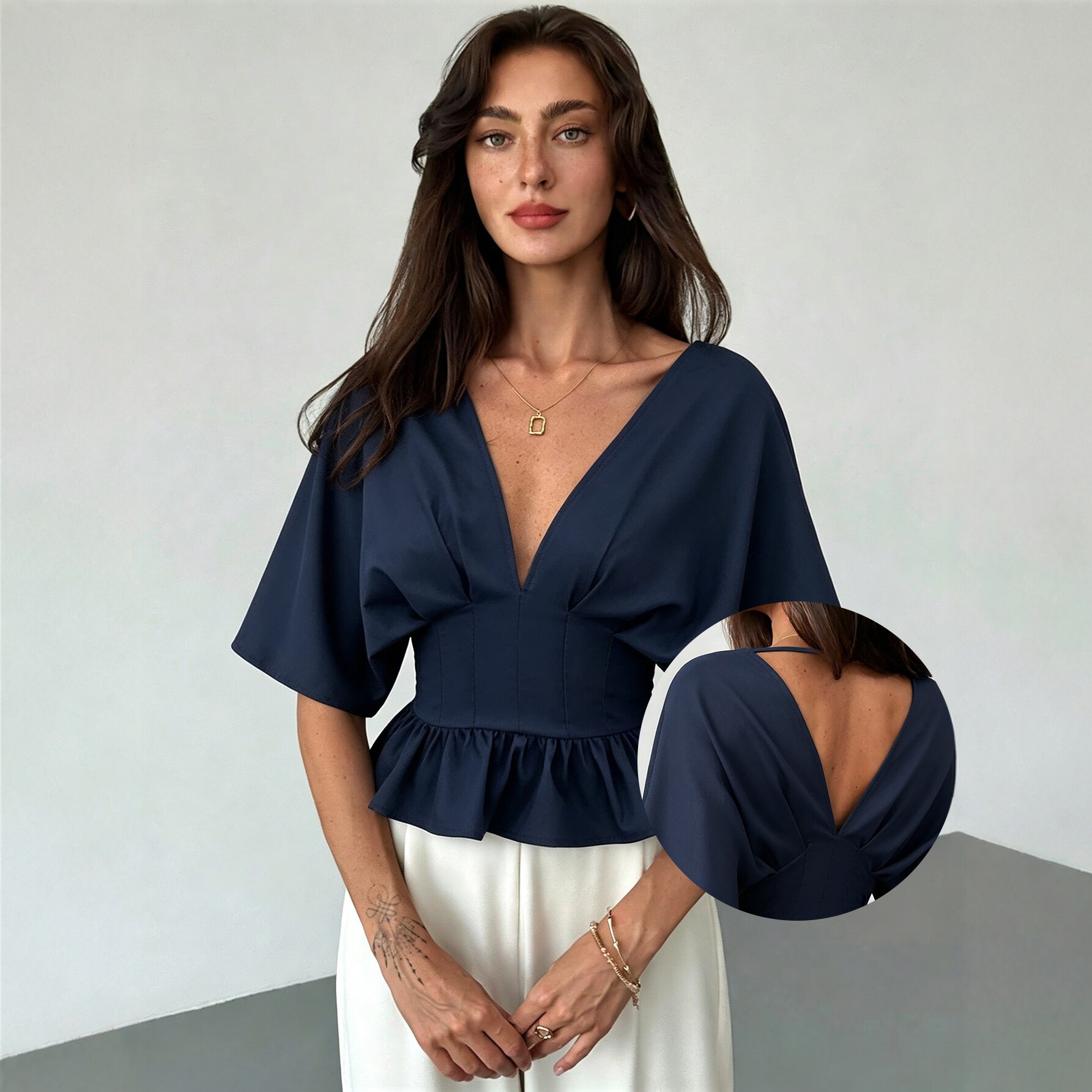 V Neck Batwing Sleeve Top Backless Slim Fit Ruffled Hem Casual Wear Summer Style Wholesale Available