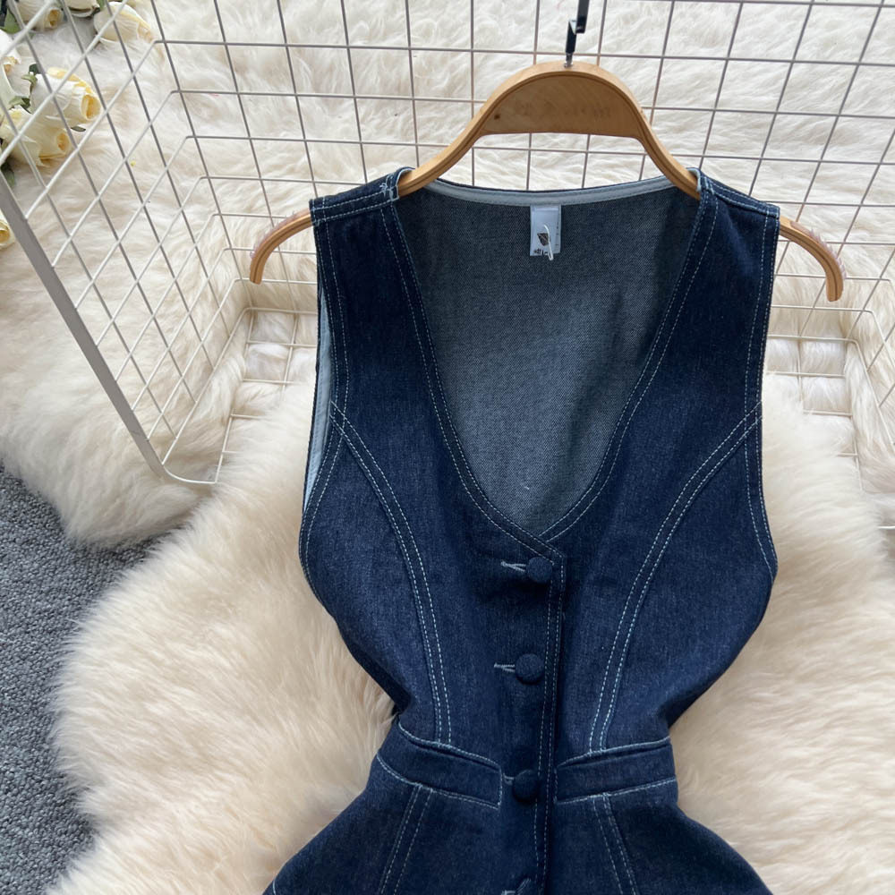 Retro Womens Two Piece Set Deep V Sleeveless Denim Shirt High Waisted Slim Fit Trousers Autumn Fashion Wholesale