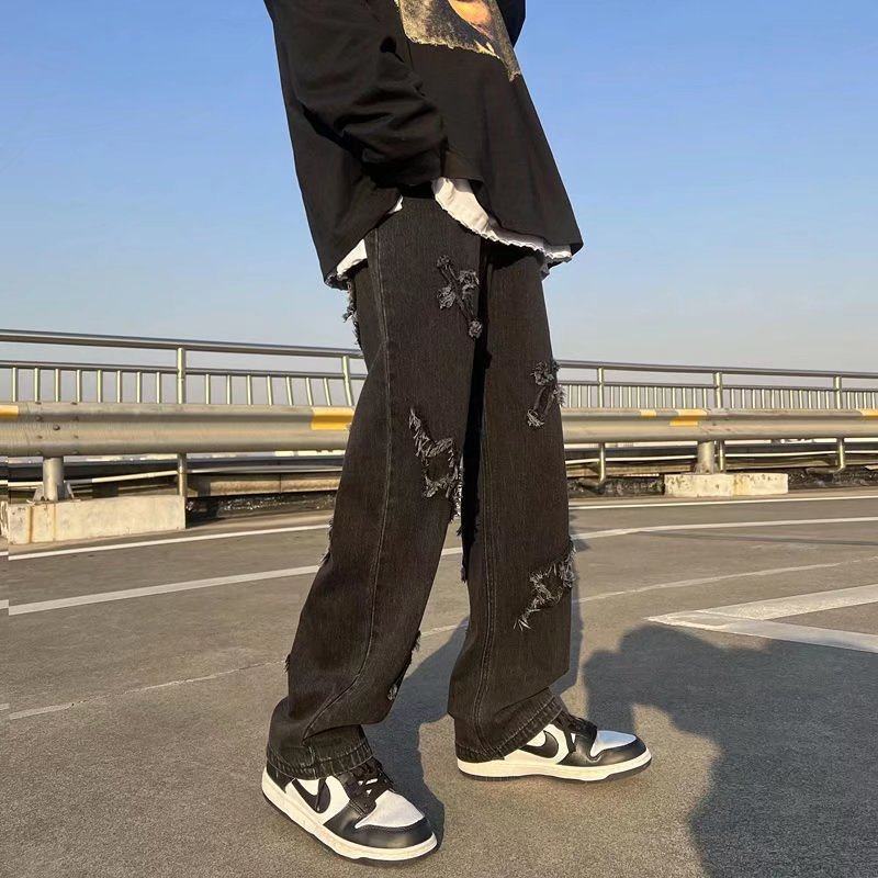 2022 trendy retro pants summer cross jeans men's high street loose straight black trendy brand hip hop