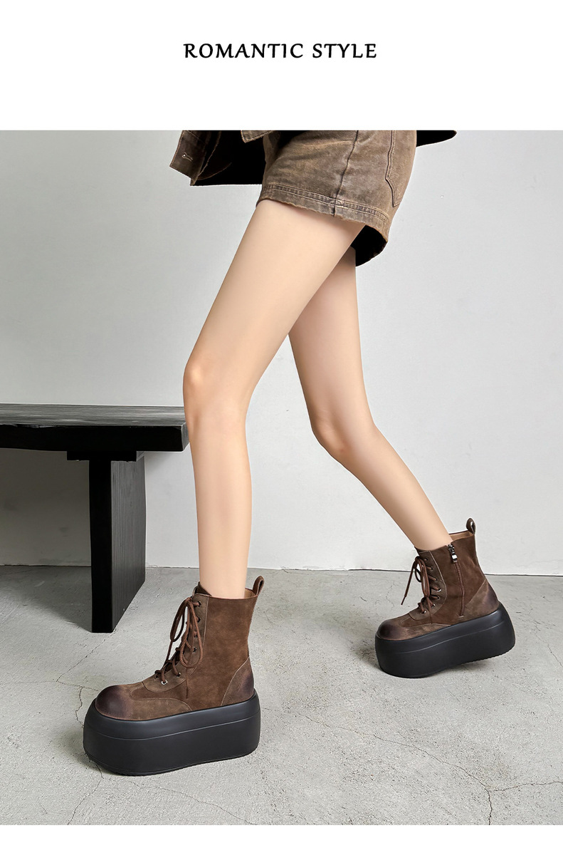 Boot Martin nữ đế dày 8.5cm cổ ngắn dây buộc phối màu da lộn — Lớp lót đơn màu be, Lớp lót đơn màu đen, Lót nhung đen, Lót nhung màu be