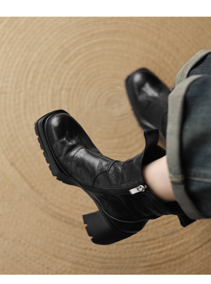 Boot Chelsea nữ gót cao đế dày mũi vuông lót lông cổ V — Lớp lót đơn màu đen, Lớp lót đơn màu nâu