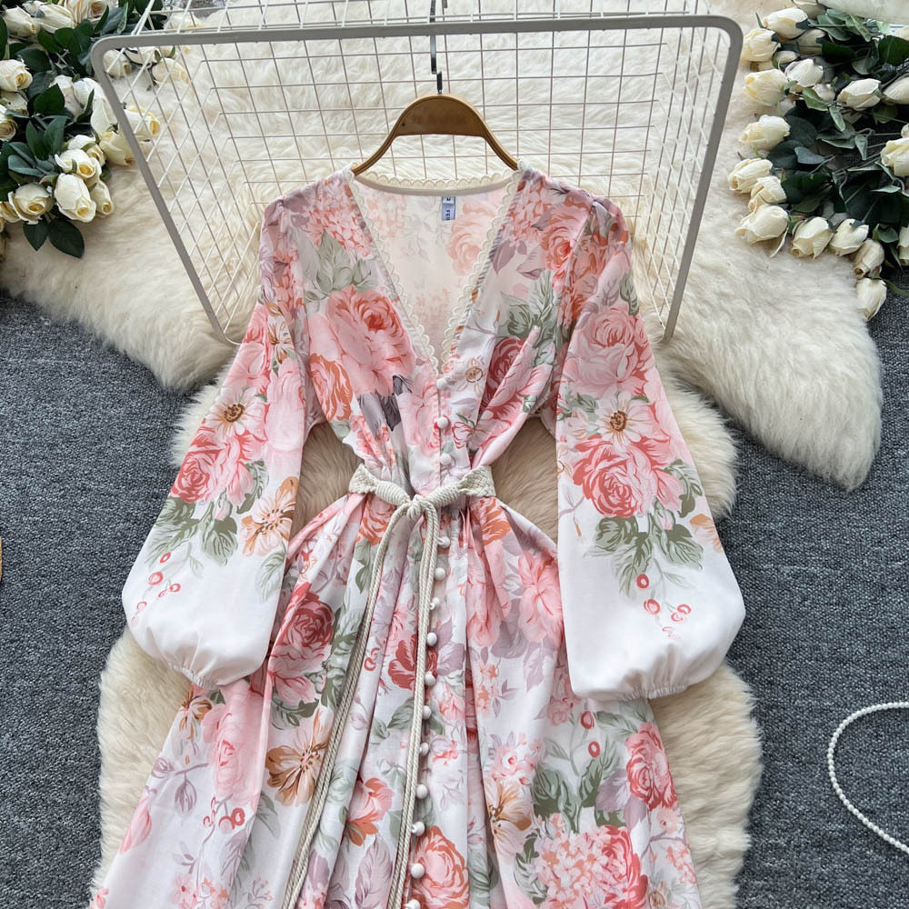 French Vintage Style Maxi Dress for Women Autumn Floral Print V Neck Tie Waist Button Closure Elegant Evening Wear