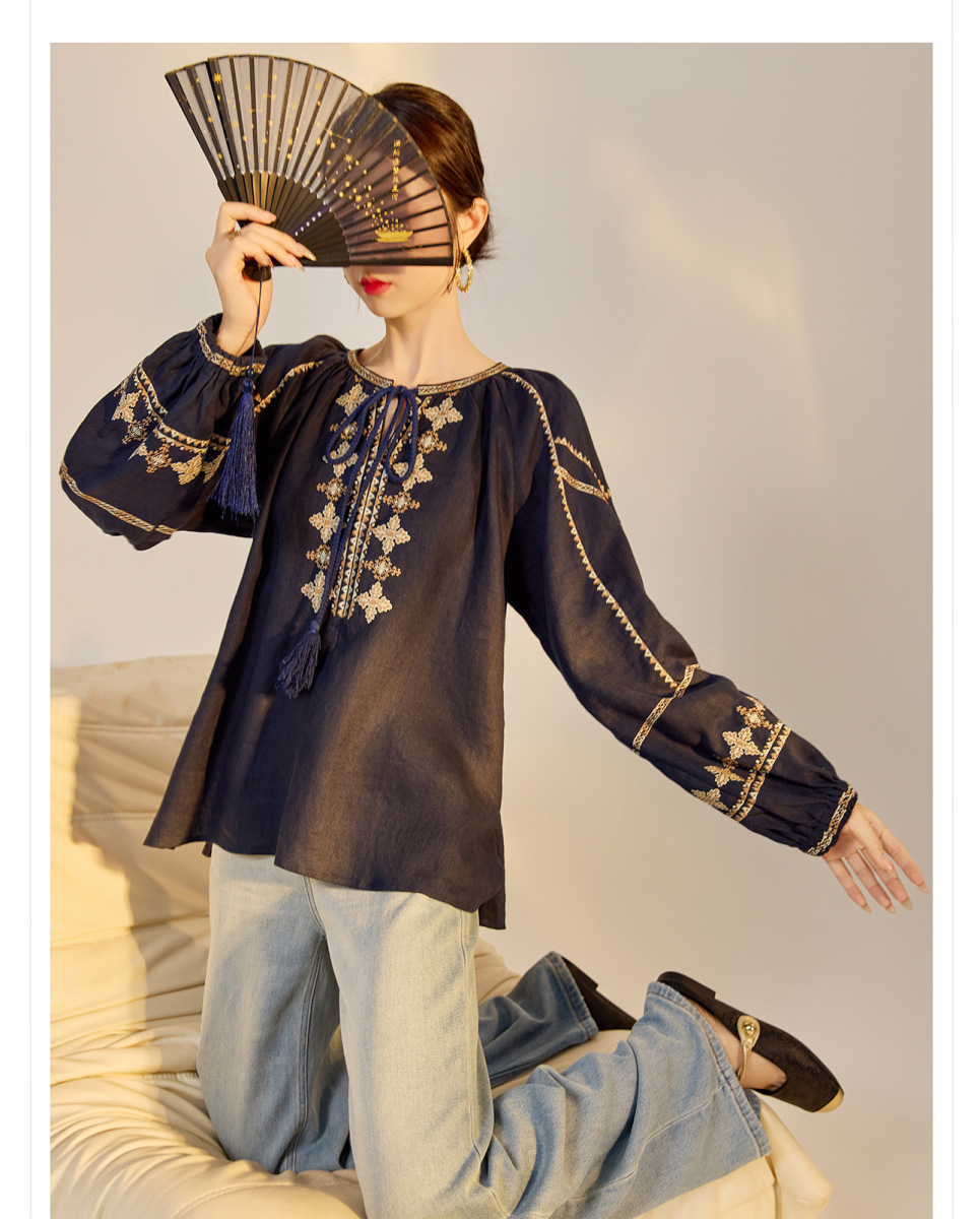 Áo sơ mi nữ linen dài tay thêu họa tiết dáng rộng — Màu trắng be, Màu xanh đậm, Màu xanh lam nhạt