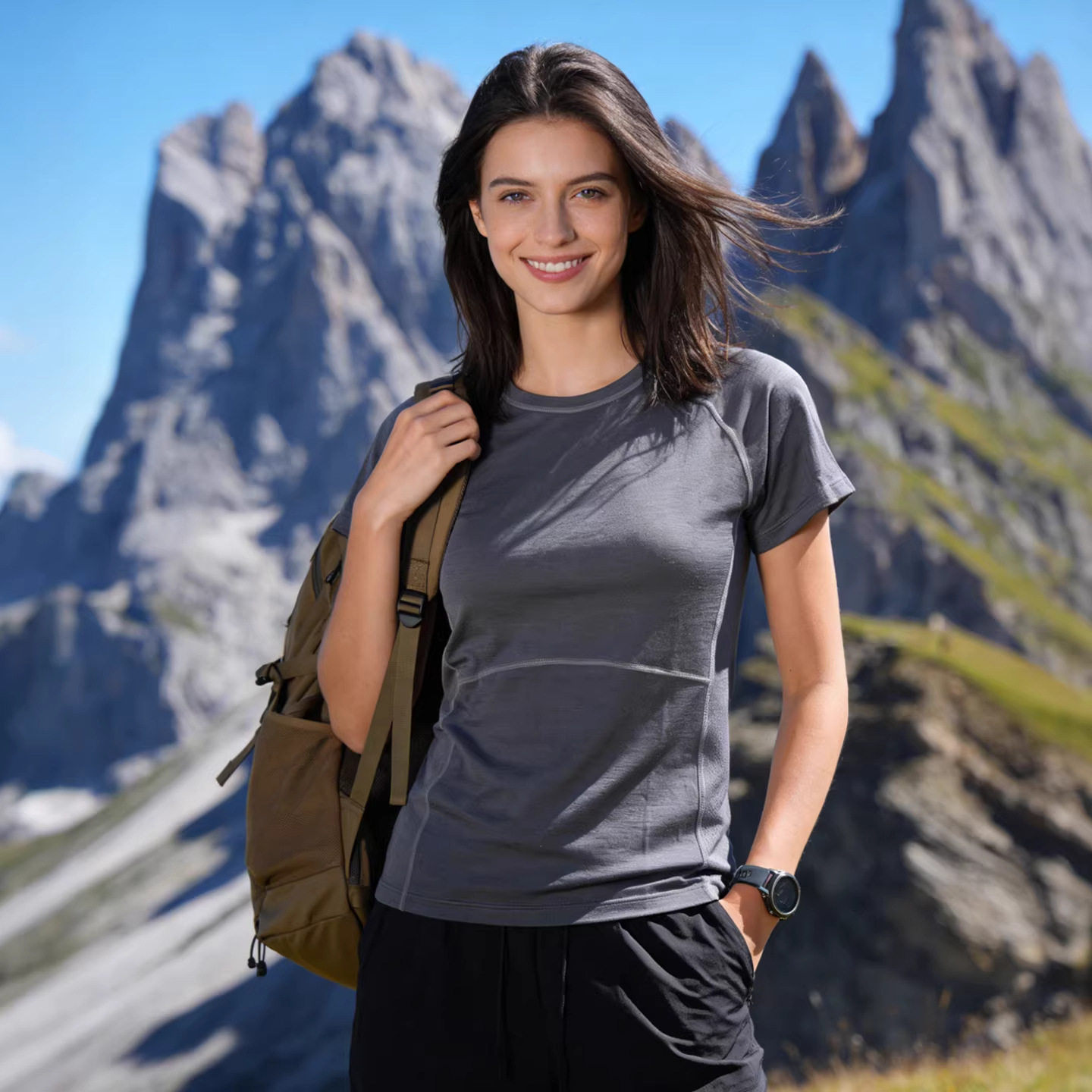 灰壳美利奴羊毛速干衣户外排汗徒步速干女短袖美丽诺登山运动T恤