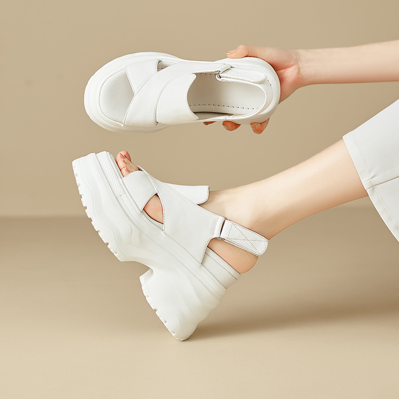 Sandal La Mã nữ quai ngang hở mũi đế dày tăng chiều cao, khóa dán tiện lợi — Màu đen, Màu trắng