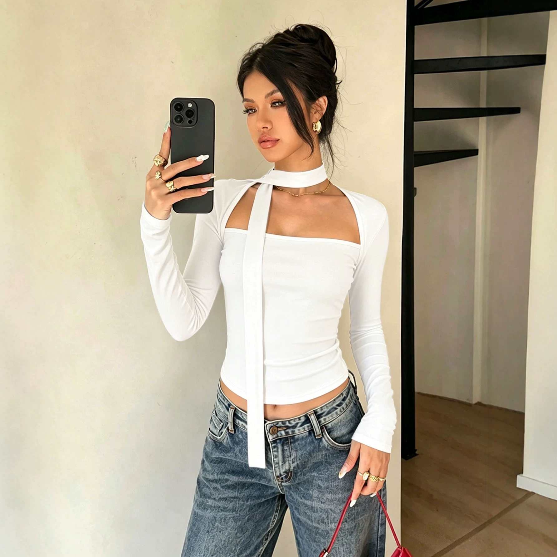 American Style Long Sleeve Crop Top Square Neck Slim Fit Adjustable Tie Soft Fabric Casual Wear for Women OEM